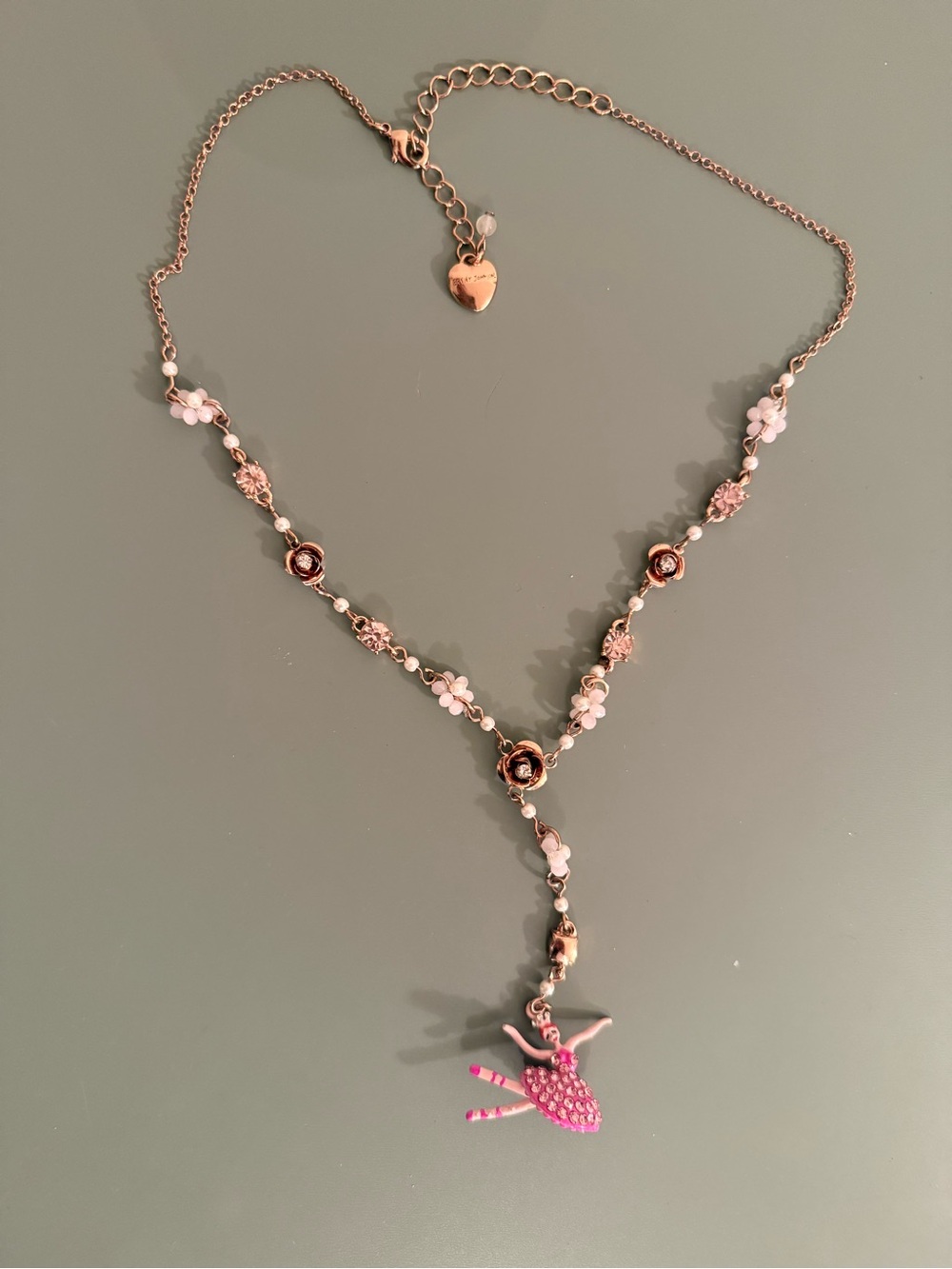 Rare Betsey Johnson Rose Gold Chain Necklace with Pink Ballerina Charm
